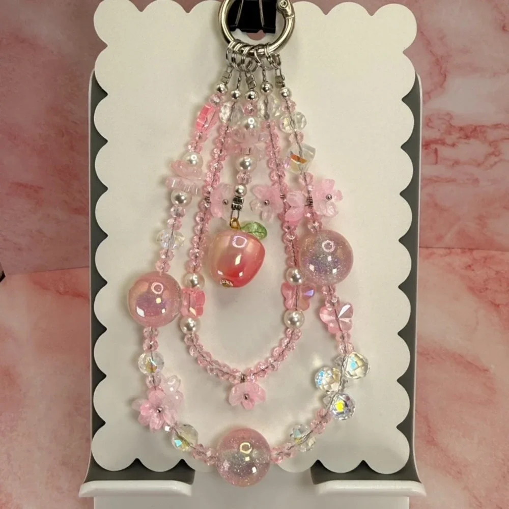 Pink Apple Phone Wristlet Crystal Beaded Floral Bag‎ Charm Keychain Handmade
